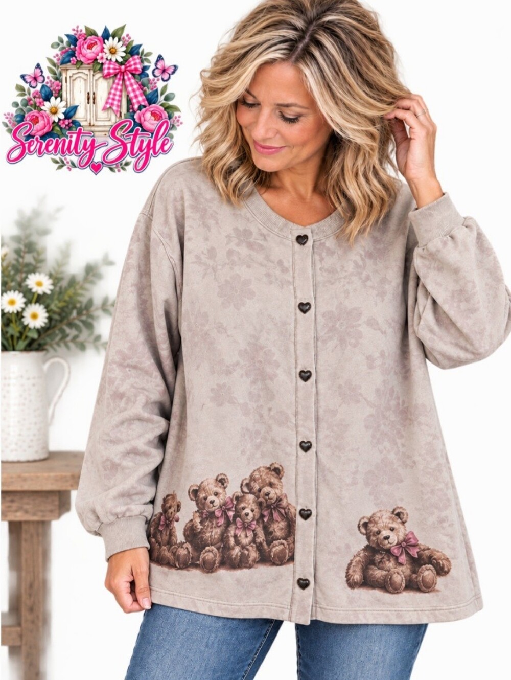 Artisans Unlimited Women’s XXL Teddy Bear Print Button Front Cardigan Jacket New